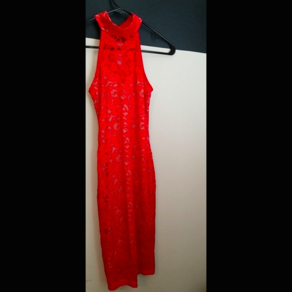 NEW LISTING! Red Nude Illusion Lace Mock Neck Dress - Picture 14 of 17